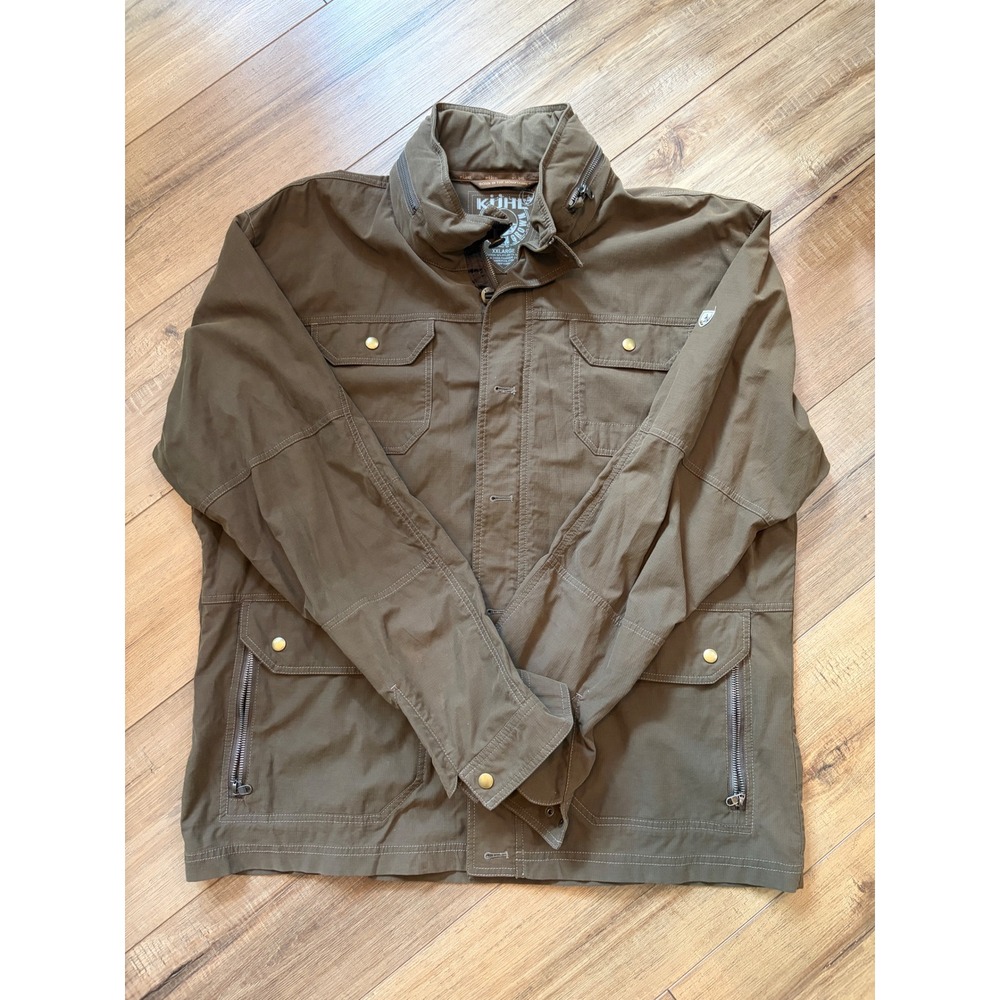 Kuhl Mens XXL Field Jacket Olive Brown Stowaway Hood Utility Coat Gorpcorp